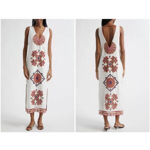 FARM Rio White Mary's Tiles Embroidered Detail Linen Dress Size Extra Small XS